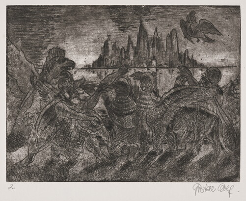 A black-and-white print of a group of mythical half-bird, half-man creatures looking toward a city skyline.