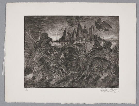A black-and-white print of a group of mythical half-bird, half-man creatures looking toward a city skyline.