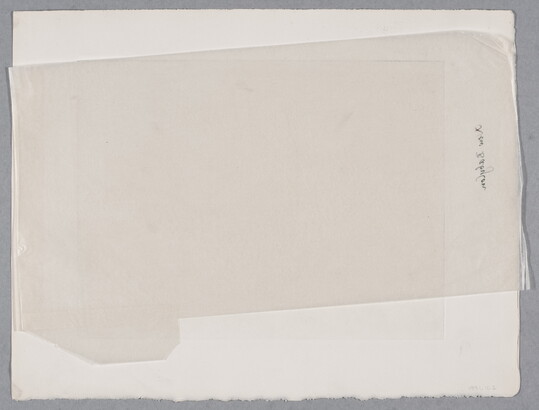 A black-and-white print of a group of mythical half-bird, half-man creatures looking toward a city skyline.