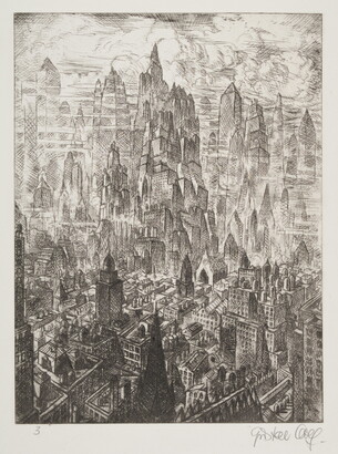 A black-and-white print of a city skyline from a bird&#039;s eye view, some buildings reaching up into billowing clouds.