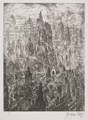 A black-and-white print of a city skyline from a bird's eye view, some buildings reaching up into billowing clouds.