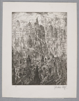 A black-and-white print of a city skyline from a bird's eye view, some buildings reaching up into billowing clouds.