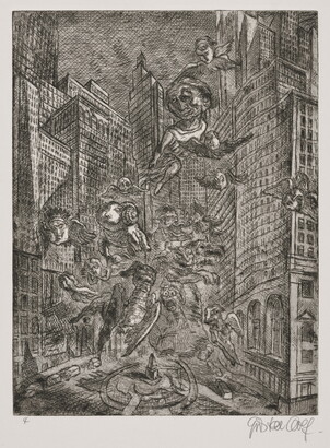 A black-and-white print of skyscrapers surrounding a city plaza that is filled with flying mythical creatures.