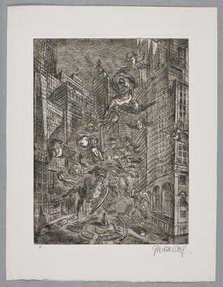 A black-and-white print of skyscrapers surrounding a city plaza that is filled with flying mythical creatures.
