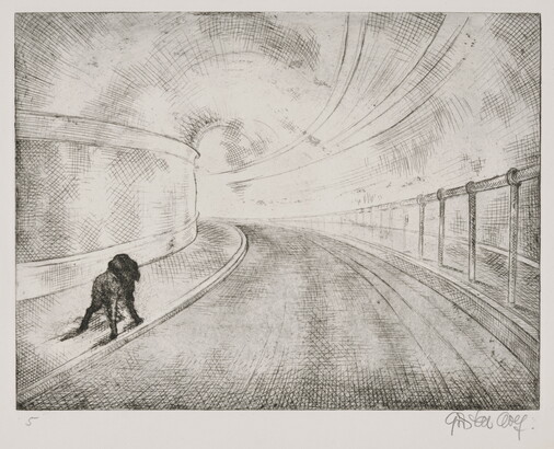 A black-and-white print of a paved tunnel with a rough sketch of an animal-like figure on the sidewalk.