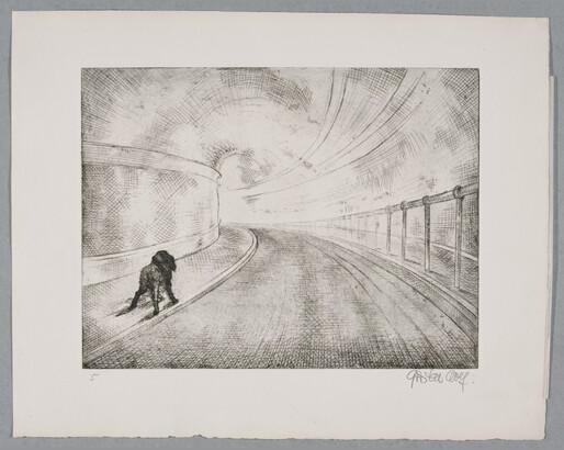 A black-and-white print of a paved tunnel with a rough sketch of an animal-like figure on the sidewalk.