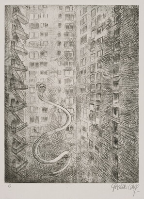 A black-and-white print of tall buildings, some with fire escapes, and a snake hovering up between the buildings.