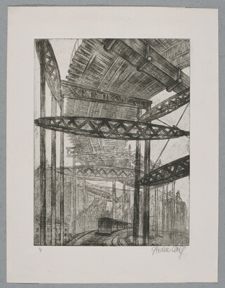 A black-and-white print of a bridge seen from below and a train traveling beneath it.