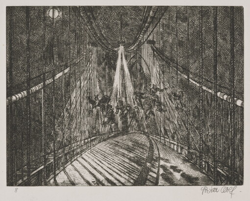 A black-and-white print of a cable-suspension bridge at night with flying mythical creatures under a streetlamp on the bridge.