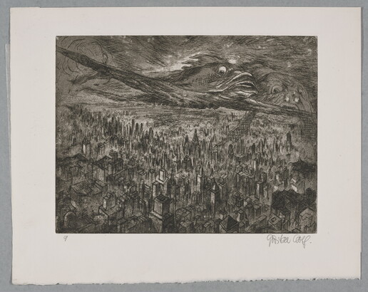 A black-and-white print of a city skyline from above with large mythical, half-bird, half-fish creatures flying in the clouds above the city.