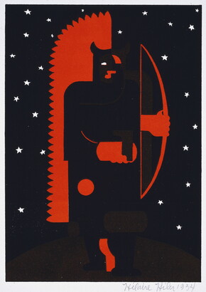 A color print in red and black of a humanoid figure with horns holding a bow and arrow surrounded by white stars.