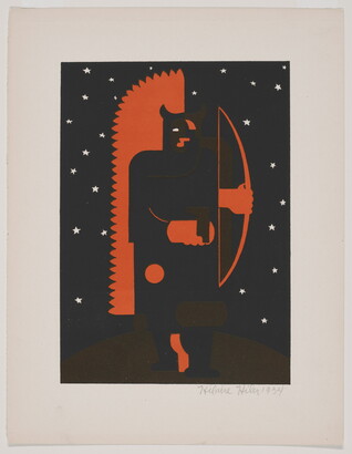 A color print in red and black of a humanoid figure with horns holding a bow and arrow surrounded by white stars.