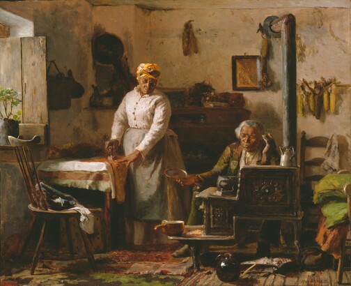 An oil painting of a Black couple in their home: the woman ironing at a table, and the man seated next to a cast-iron stove.