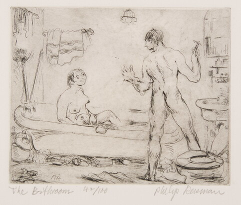 A black-and-white print of a messy bathroom with a nude female in the bathtub and a nude male standing by the toilet shaving.