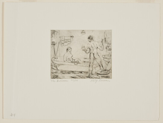 A black-and-white print of a messy bathroom with a nude female in the bathtub and a nude male standing by the toilet shaving.<br />