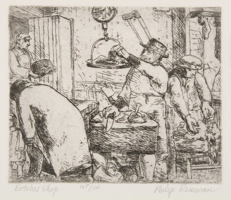 A black-and-white print of people doing various jobs - cutting, weighing, plucking - in a butcher shop.