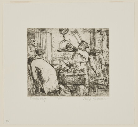 A black-and-white print of people doing various jobs - cutting, weighing, plucking - in a butcher shop.<br />