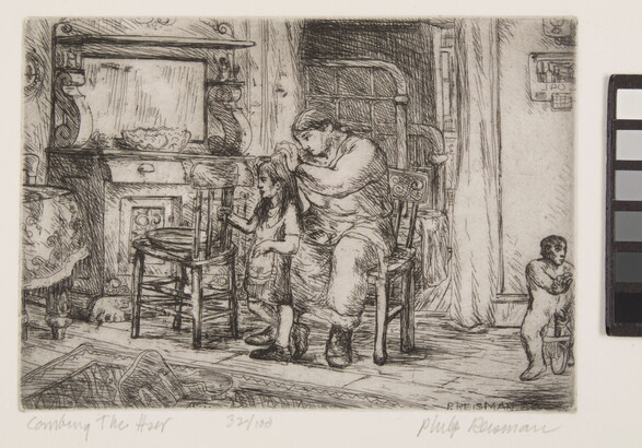 A black-and-white print of a woman seated in a chair combing a little girl&#039;s hair while a younger child plays close by.