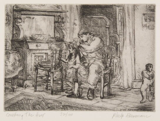 A black-and-white print of a woman seated in a chair combing a little girl&#039;s hair while a younger child plays close by.