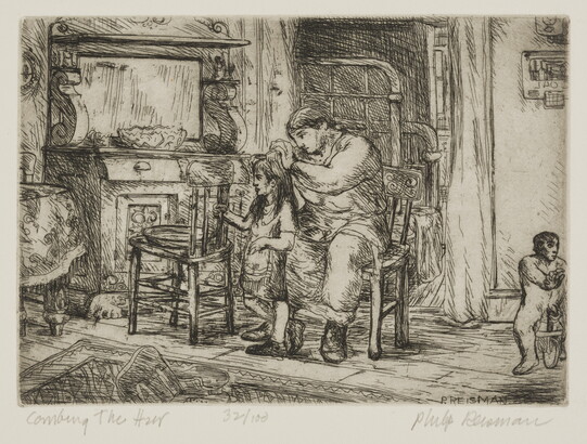 A black-and-white print of a woman seated in a chair combing a little girl's hair while a younger child plays close by.<br />