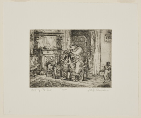 A black-and-white print of a woman seated in a chair combing a little girl's hair while a younger child plays close by.<br />
