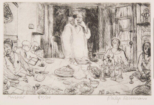A black-and-white print of a figure standing at a table holding their hand over their face as others sit around the table with wine, plates, candles, and books in front of them.