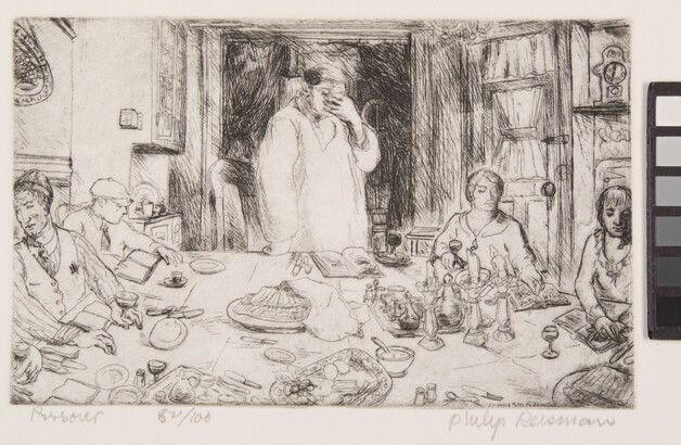 A black-and-white print of a figure standing at a table holding their hand over their face as others sit around the table with wine, plates, candles, and books in front of them.