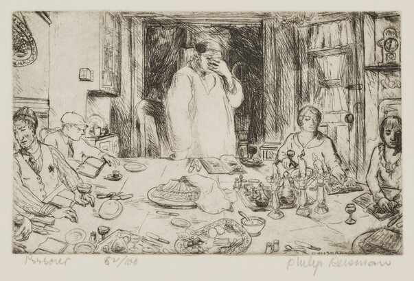 A black-and-white print of a figure standing at a table holding their hand over their face as others sit around the table with wine, plates, candles, and books in front of them.<br />