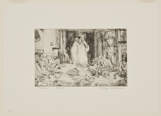 A black-and-white print of a figure standing at a table holding their hand over their face as others sit around the table with wine, plates, candles, and books in front of them.<br />