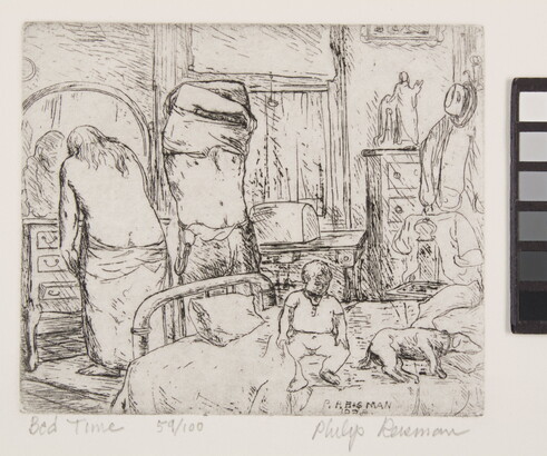 A black-and-white print of two adult figures undressing while a young child sits and a dog lies on a nearby bed.