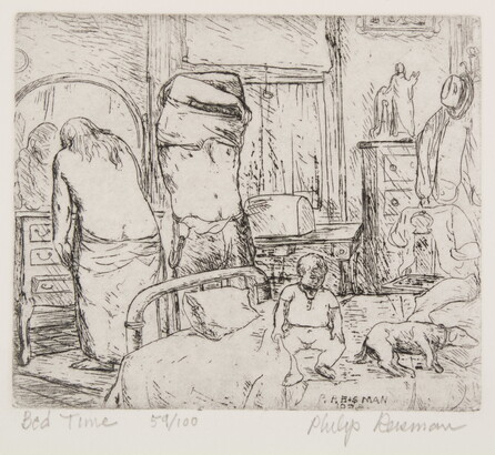 A black-and-white print of two adult figures undressing while a young child sits and a dog lies on a nearby bed.