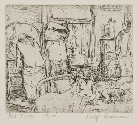 A black-and-white print of two adult figures undressing while a young child sits and a dog lies on a nearby bed.<br />
