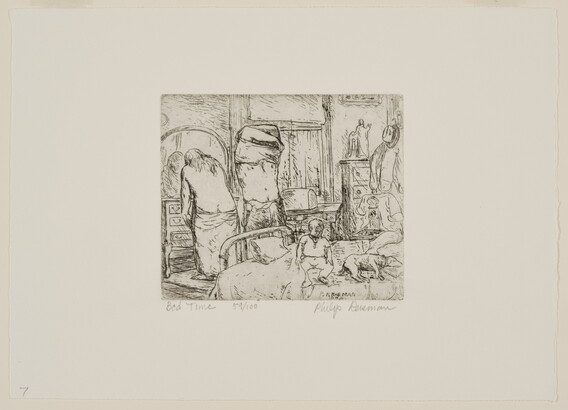 A black-and-white print of two adult figures undressing while a young child sits and a dog lies on a nearby bed.<br />
