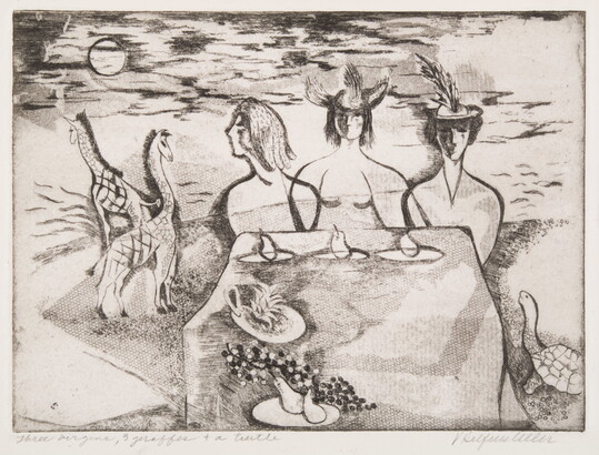 A black-and-white print of three women, two wearing hats, sitting side-by-side at a table with a turtle to the right and giraffes to the left. 