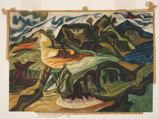 An abstract watercolor landscape of a mountainous terrain with some trees, mostly painted in blue, green, and yellow.