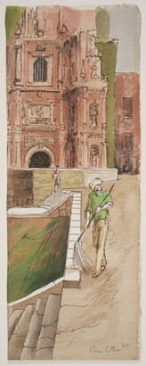 A tall, narrow watercolor of a figure mopping an outdoor terrace in front of a large church.