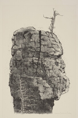 A black-and-white print of a large boulder with a vertical crack in the middle and a leafless tree on the top.