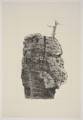 A black-and-white print of a large boulder with a vertical crack in the middle and a leafless tree on the top.