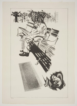 A black-and-white print of a man sleeping on a park bench, as a squirrel sits on the ground nearby.