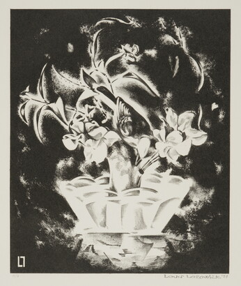 An abstract black-and-white print of white flowers in a white vase against a black background.