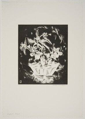 An abstract black-and-white print of white flowers in a white vase against a black background.