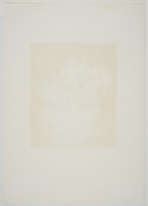 An abstract black-and-white print of white flowers in a white vase against a black background.