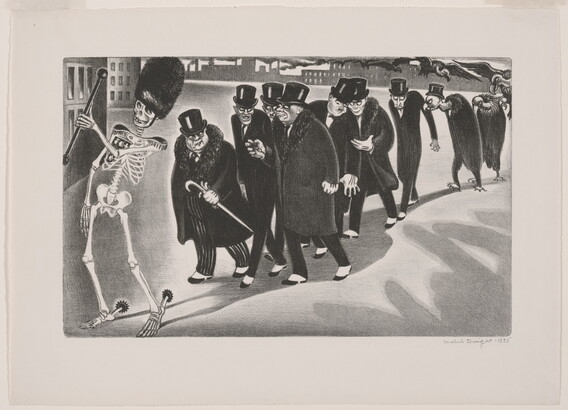 A black-and-white print of a skeleton wearing a tall bearskin hat and spurs while leading a parade of men in coats and top hats who morph into vultures toward the back.