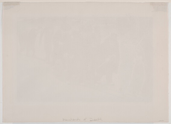 A black-and-white print of a skeleton wearing a tall bearskin hat and spurs while leading a parade of men in coats and top hats who morph into vultures toward the back.