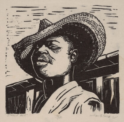 A black-and-white print of a Black boy, from the shoulders up, wearing a straw hat pulled slightly over one eye.