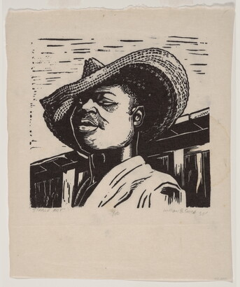 A black-and-white print of a Black boy, from the shoulders up, wearing a straw hat pulled slightly over one eye.