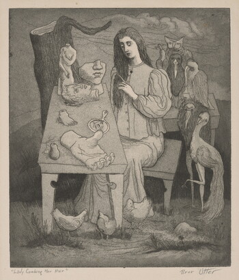 A black-and-white print of woman surrounded by birds, combing her hair at table cluttered with sculptures of body parts.