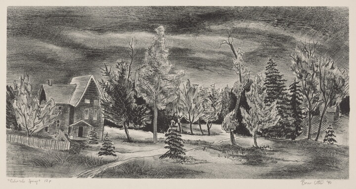 A black-and-white print of a three-story clapboard house and picket fence in a densely wooded landscape under a heavy sky.