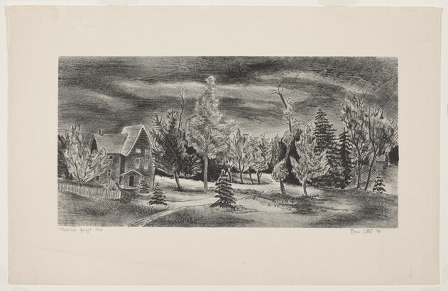 A black-and-white print of a three-story clapboard house and picket fence in a densely wooded landscape under a heavy sky.