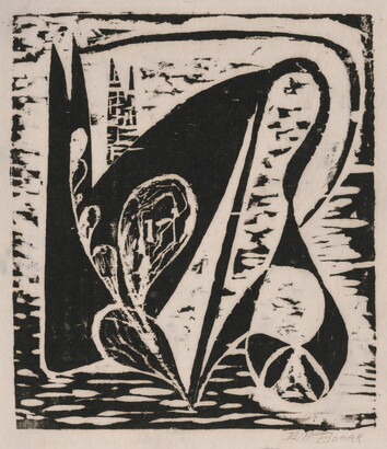 An abstract black-and-white print of plant-like shapes stretching and bending over chunky, black shapes.